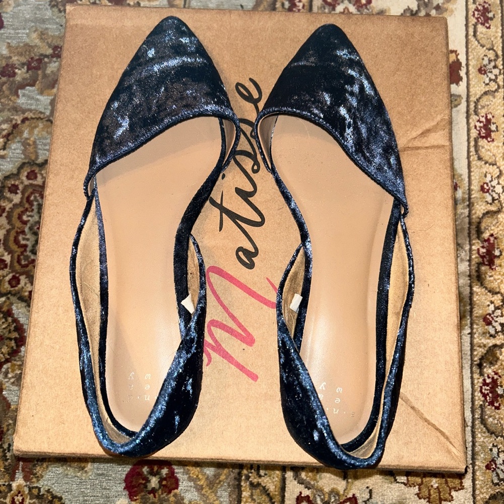 a new day Blue Velvet Pointed Toe Flat Slip ons, size 9 worn once